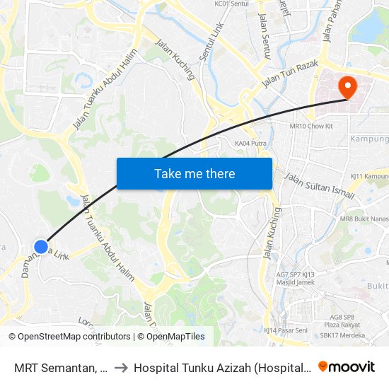 MRT Semantan, Pintu B (Kl1174) to Hospital Tunku Azizah (Hospital Wanita Dan Kanak-Kanak KL) map