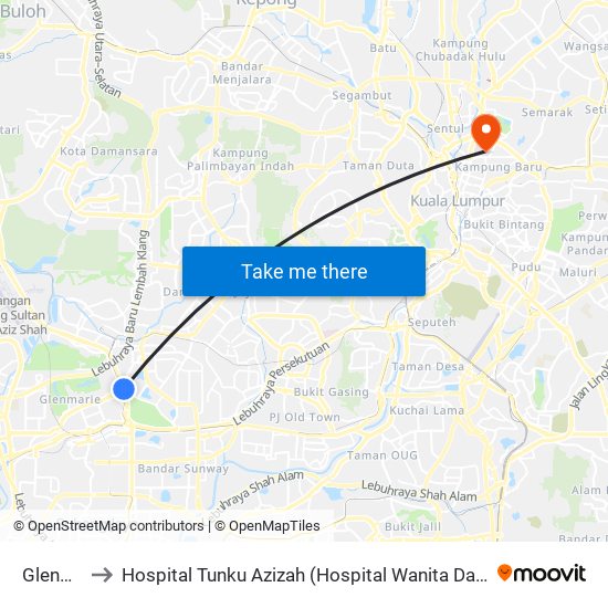 Glenmarie to Hospital Tunku Azizah (Hospital Wanita Dan Kanak-Kanak KL) map