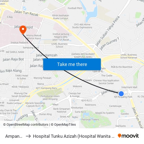 Ampang Park to Hospital Tunku Azizah (Hospital Wanita Dan Kanak-Kanak KL) map