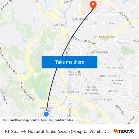 KL Sentral to Hospital Tunku Azizah (Hospital Wanita Dan Kanak-Kanak KL) map