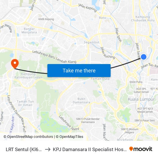 LRT Sentul (Kl663) to KPJ Damansara II Specialist Hospital map