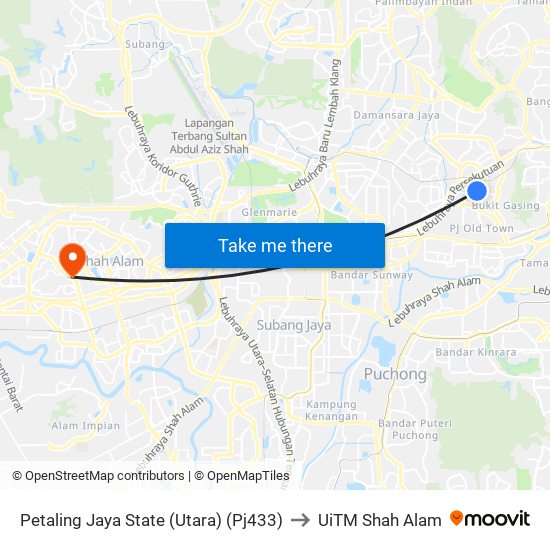 Petaling Jaya State (Utara) (Pj433) to UiTM Shah Alam map