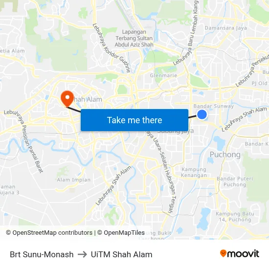 Brt Sunu-Monash to UiTM Shah Alam map