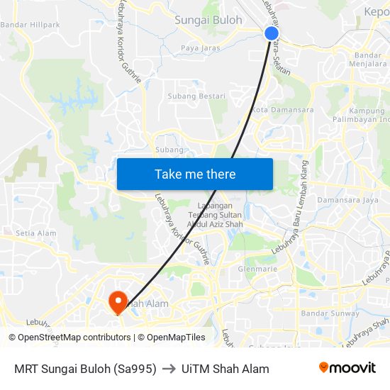 MRT Sungai Buloh (Sa995) to UiTM Shah Alam map