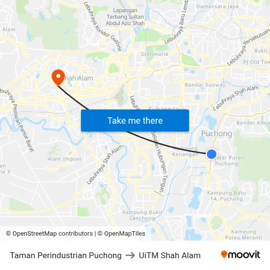 Taman Perindustrian Puchong to UiTM Shah Alam map