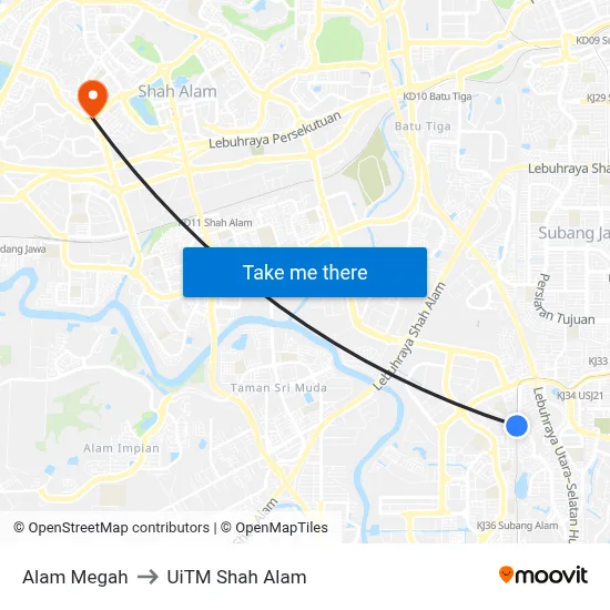 Alam Megah to UiTM Shah Alam map
