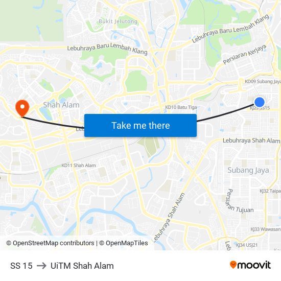 SS 15 to UiTM Shah Alam map