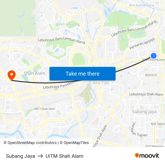 Subang Jaya to UiTM Shah Alam map