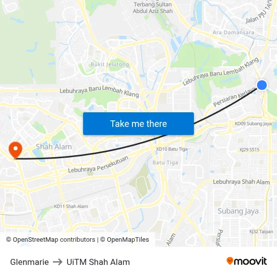 Glenmarie to UiTM Shah Alam map
