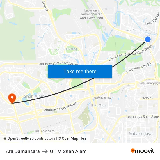 Ara Damansara to UiTM Shah Alam map