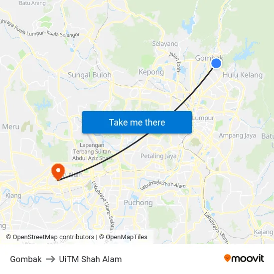 Gombak to UiTM Shah Alam map