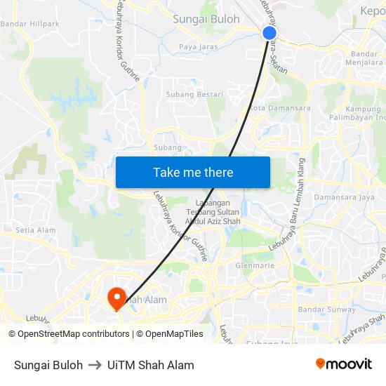 Sungai Buloh to UiTM Shah Alam map