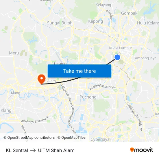 KL Sentral to UiTM Shah Alam map