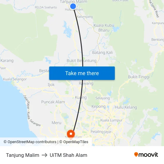 Tanjung Malim to UiTM Shah Alam map
