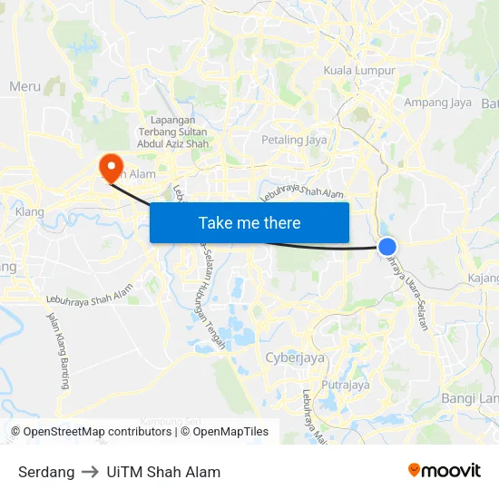 Serdang to UiTM Shah Alam map