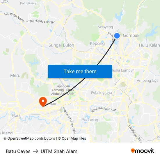 Batu Caves to UiTM Shah Alam map