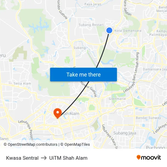 Kwasa Sentral to UiTM Shah Alam map