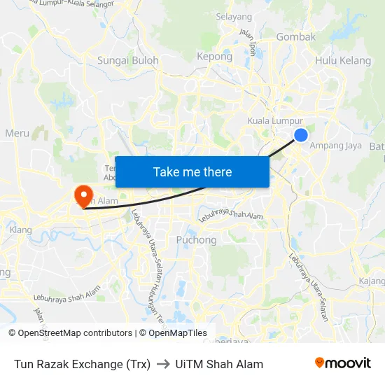 Tun Razak Exchange (Trx) to UiTM Shah Alam map