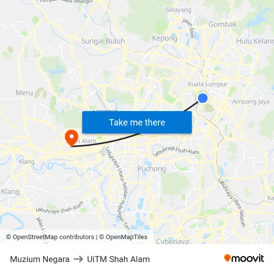 Muzium Negara to UiTM Shah Alam map