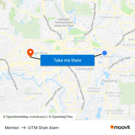 Mentari to UiTM Shah Alam map