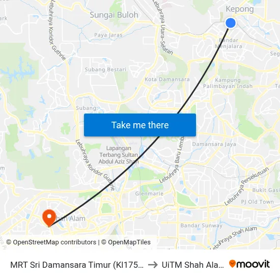 MRT Sri Damansara Timur (Kl1758) to UiTM Shah Alam map