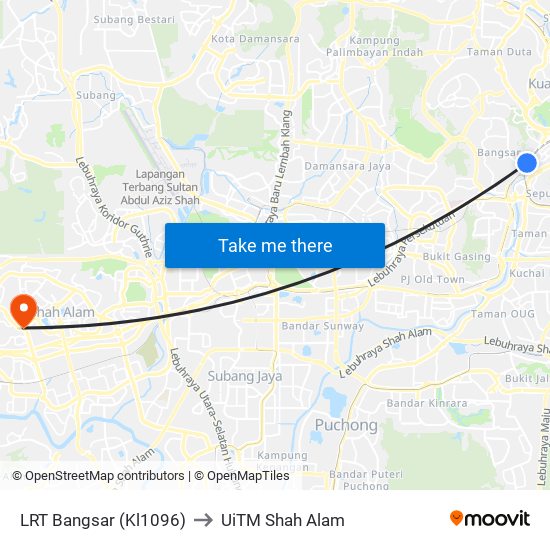 LRT Bangsar (Kl1096) to UiTM Shah Alam map