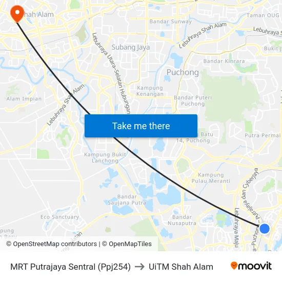 MRT Putrajaya Sentral (Ppj254) to UiTM Shah Alam map