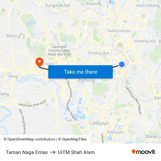 Taman Naga Emas to UiTM Shah Alam map