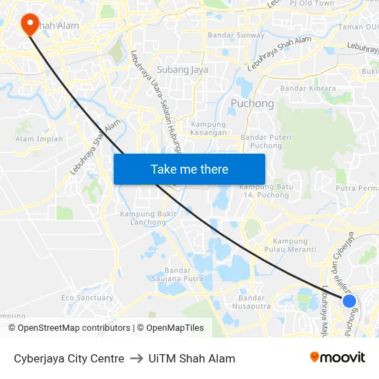 Cyberjaya City Centre to UiTM Shah Alam map