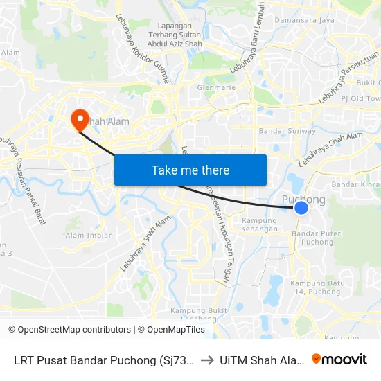 LRT Pusat Bandar Puchong (Sj735) to UiTM Shah Alam map