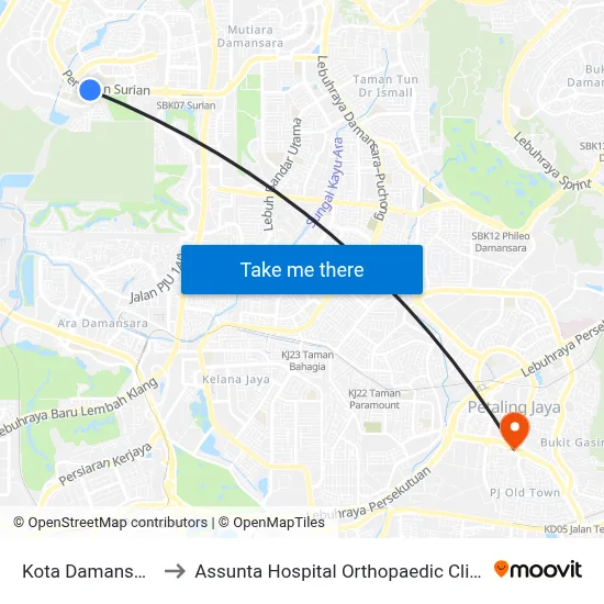 Kota Damansara to Assunta Hospital Orthopaedic Clinic map