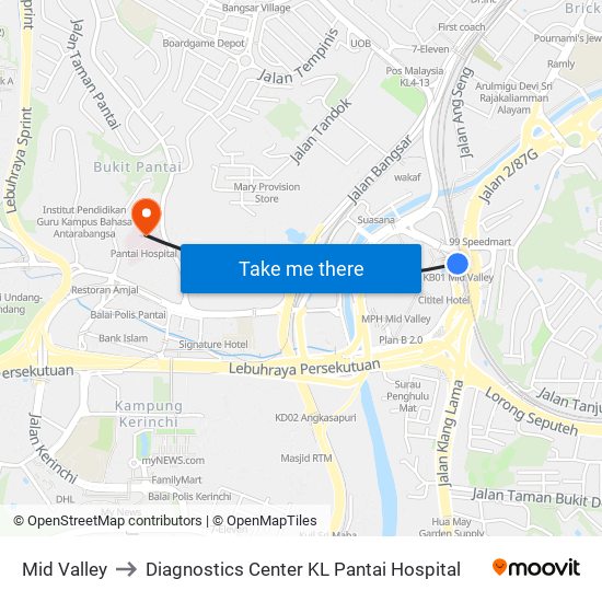 Mid Valley to Diagnostics Center KL Pantai Hospital map