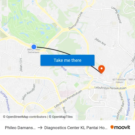 Phileo Damansara to Diagnostics Center KL Pantai Hospital map