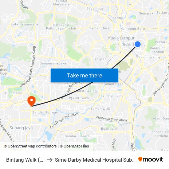 Bintang Walk (Kl85) to Sime Darby Medical Hospital Subang Jaya map
