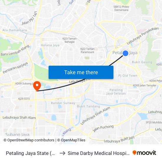 Petaling Jaya State (Utara) (Pj433) to Sime Darby Medical Hospital Subang Jaya map