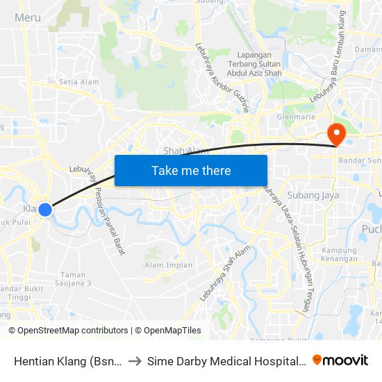 Hentian Klang (Bsn) (Bd580) to Sime Darby Medical Hospital Subang Jaya map