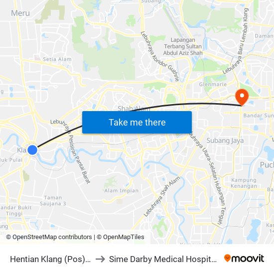 Hentian Klang (Pos) B (Bd664) to Sime Darby Medical Hospital Subang Jaya map