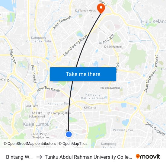 Bintang Walk (Kl85) to Tunku Abdul Rahman University College Kuala Lumpur Campus map