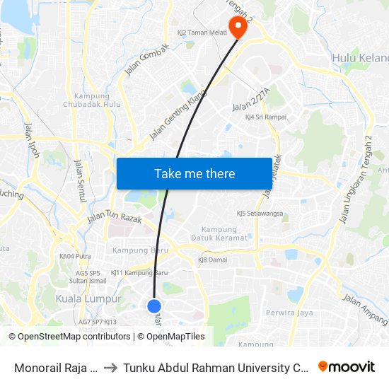 Monorail Raja Chulan (Kl22) to Tunku Abdul Rahman University College Kuala Lumpur Campus map
