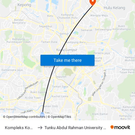 Kompleks Komuniti Muhibbah to Tunku Abdul Rahman University College Kuala Lumpur Campus map