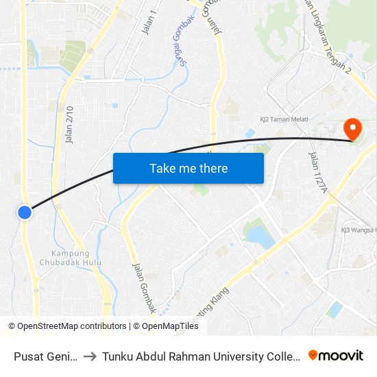 Pusat Genius Kurnia to Tunku Abdul Rahman University College Kuala Lumpur Campus map