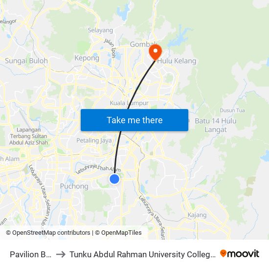 Pavilion Bukit Jalil to Tunku Abdul Rahman University College Kuala Lumpur Campus map