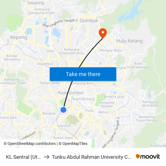KL Sentral (Utara) (Kl1077) to Tunku Abdul Rahman University College Kuala Lumpur Campus map