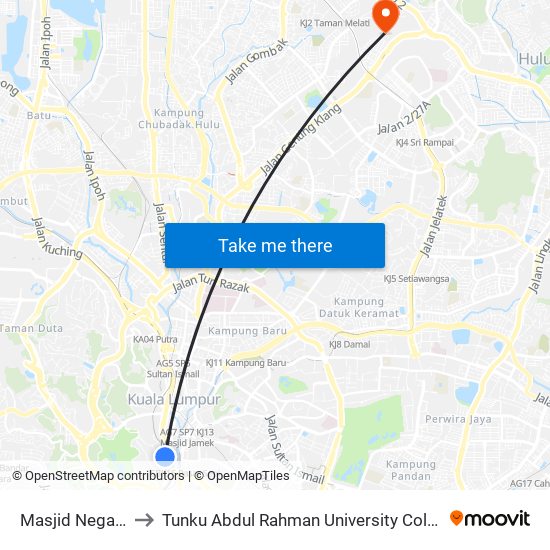 Masjid Negara (Kl1065) to Tunku Abdul Rahman University College Kuala Lumpur Campus map
