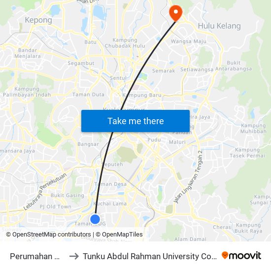 Perumahan Hujan Emas 1 to Tunku Abdul Rahman University College Kuala Lumpur Campus map