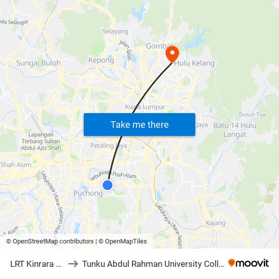 LRT Kinrara Bk5 (Sj360) to Tunku Abdul Rahman University College Kuala Lumpur Campus map