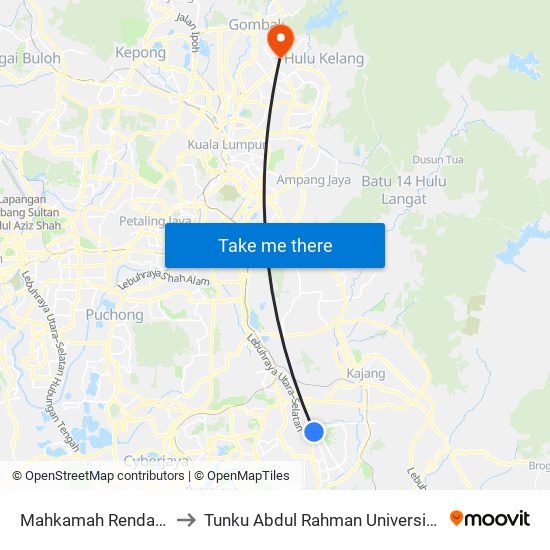 Mahkamah Rendah Syariah Hulu Langat to Tunku Abdul Rahman University College Kuala Lumpur Campus map