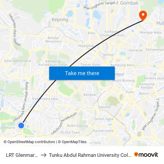 LRT Glenmarie (Sa1069) to Tunku Abdul Rahman University College Kuala Lumpur Campus map