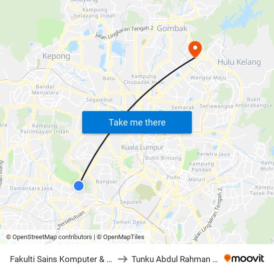 Fakulti Sains Komputer & Teknologi Maklumat, Universiti Malaya (Kl2346) to Tunku Abdul Rahman University College Kuala Lumpur Campus map