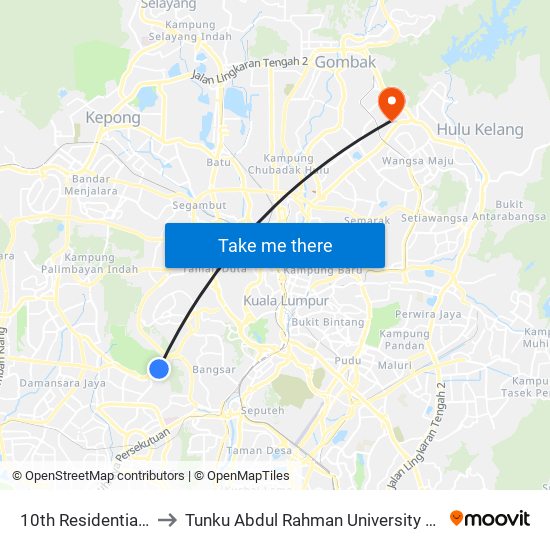 10th Residential College (Kk10) to Tunku Abdul Rahman University College Kuala Lumpur Campus map